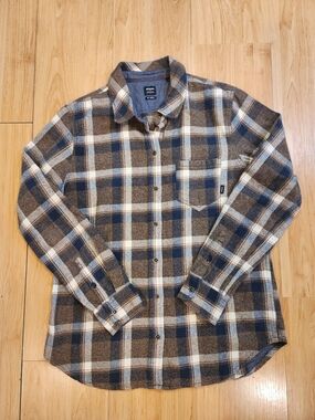 prAna Golden Canyon Flannel Shirt Medium Brown Navy Plaid Button Down Organic